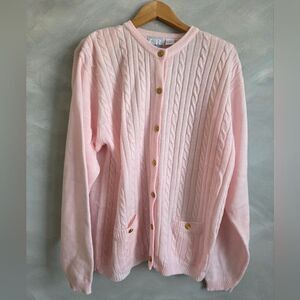 Womens Pale Pink Cord Knit Gold Button Cardigan Sz XL Reel Fishermann Kawaii